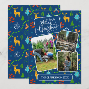 Blue Merry Christmas In The Forest Pattern Photo Holiday Card