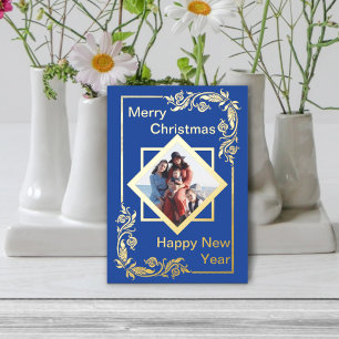 Blue Merry Christmas Photo Happy New Year Foil Holiday Card