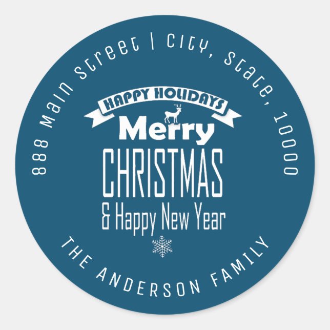 Blue Merry Christmas Round Return Address Label (Front)