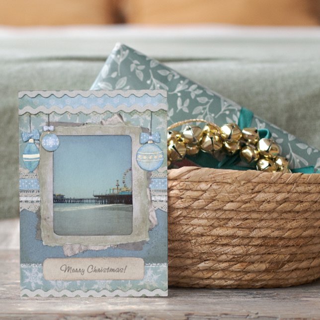 Blue Merry Christmas Santa Monica Pier Holiday Card (Creator Uploaded)