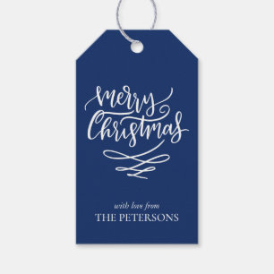 Blue Merry Christmas Script Christmas Trees Gift Tags