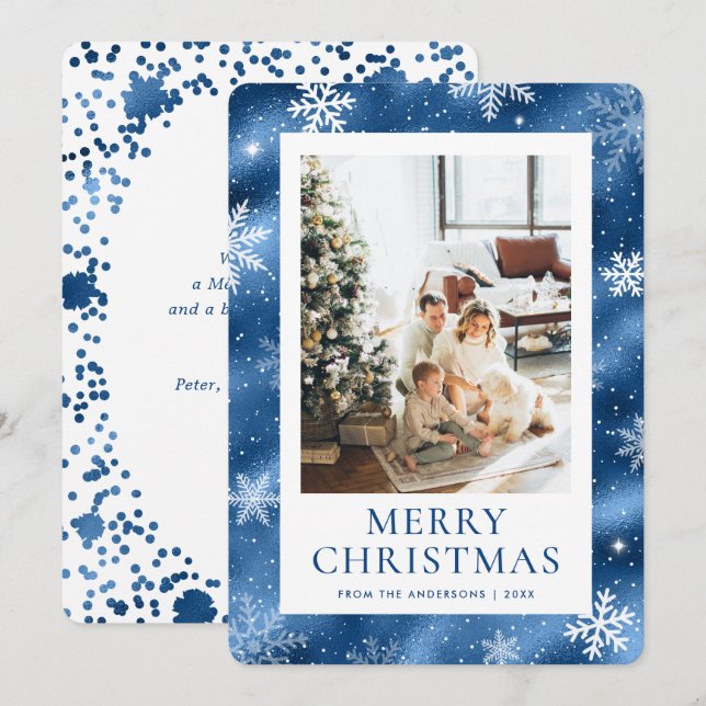 Blue Merry Christmas Snowflake Snow Photo Holiday Card (Front/Back)