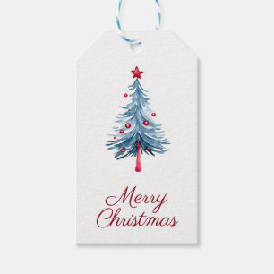 Blue Merry Christmas Tree Elegant Red Script Xmas Gift Tags