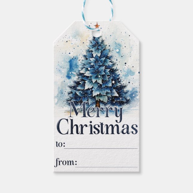 Blue Merry Christmas Tree Gift Tags (Front)