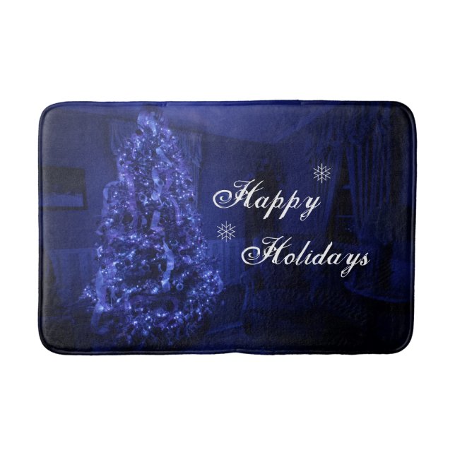 Blue Merry Christmas Tree Lights Bath Mat (Front)