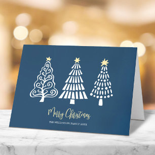 Blue Merry Christmas Trees Script Name Whimsical Holiday Card