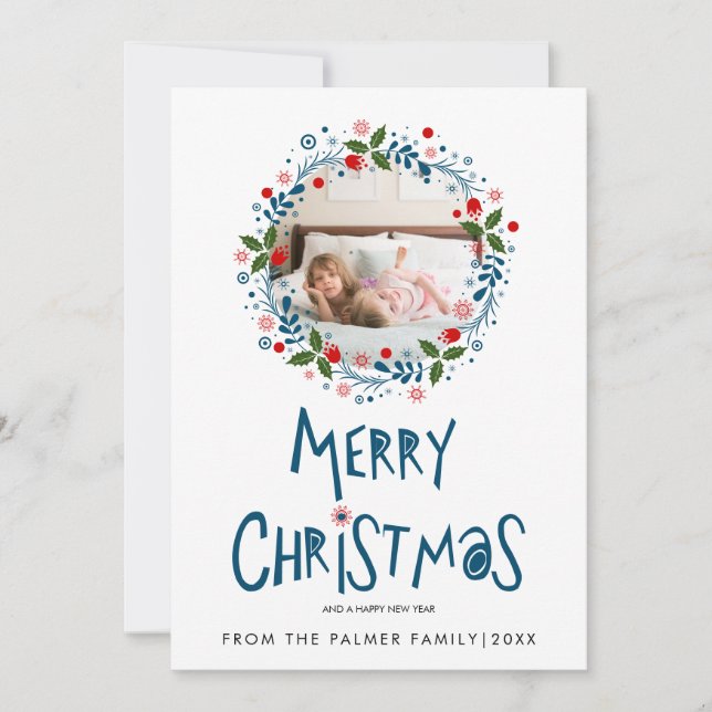 Blue Merry Christmas typography and wreath photo Holiday Card (Front)