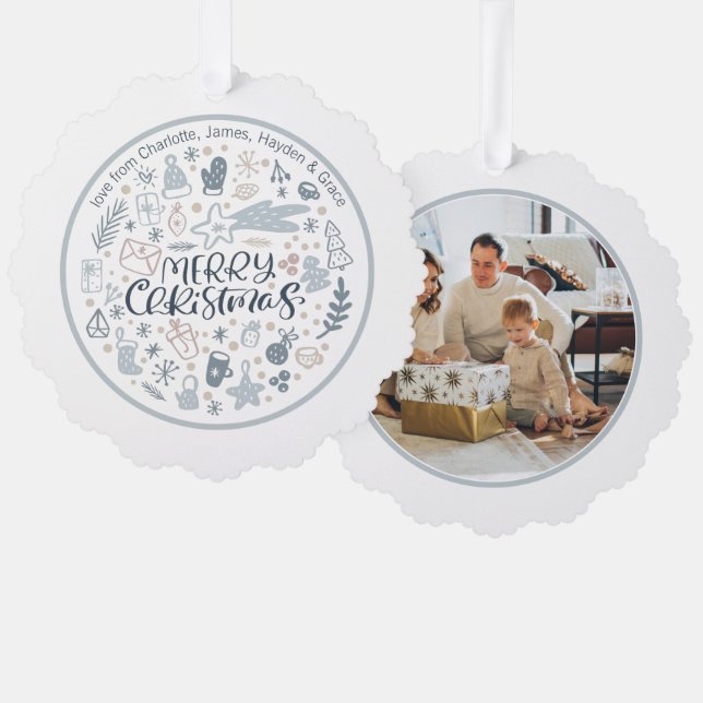 Blue Merry Christmas Typography Personalized Photo Ornament Card (Front/Back)