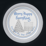 Blue Merry Happy Everything Party Chrismukkah Paper Plate<br><div class="desc">Personalize these fun MERRY HAPPY EVERYTHING paper party plates in blue, faux silver and white for a one of a kind Chrismukkah party. Featuring my faux silver polka dot modern Christmas tree and matching Hanukkah menorah, the design is finished with cornflower blue mixed fonts and complimentary borders around the plate....</div>