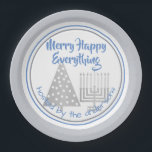 Blue Merry Happy Everything Party Chrismukkah Paper Plate<br><div class="desc">Personalize these fun MERRY HAPPY EVERYTHING paper party plates in blue, faux silver and white for a one of a kind Chrismukkah party. Featuring my faux silver polka dot modern Christmas tree and matching Hanukkah menorah, the design is finished with cornflower blue mixed fonts and complimentary borders around the plate....</div>