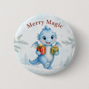 Blue Merry Magic Baby Dragon Christmas 2 Inch Round Button