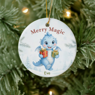 Blue Merry Magic Baby Dragon Christmas Ceramic Ornament