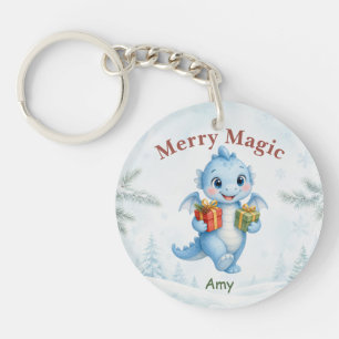 Blue Merry Magic Baby Dragon Personalize Christmas Keychain