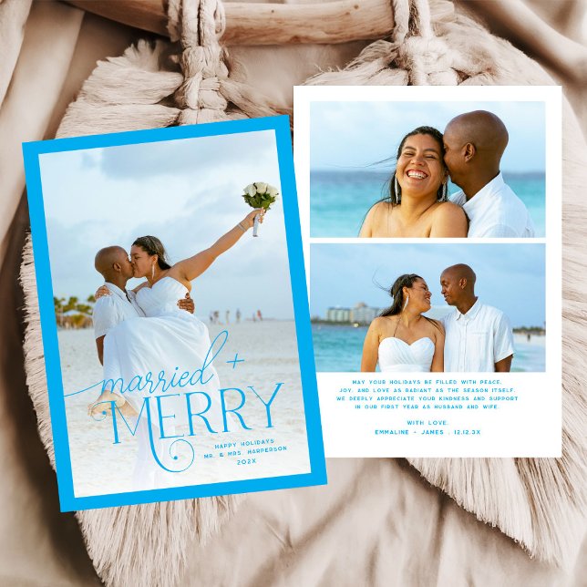 Blue Merry & Married Photo Wedding Christmas Holiday Card (Creator Uploaded)
