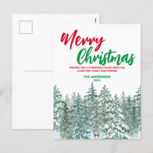 Blue Merry xmas trees forest Modern raindeer Holid Holiday Postcard