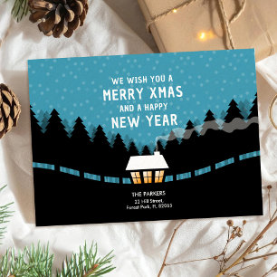 Blue Merry Xmas with retro pine trees Card