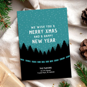 Blue Merry Xmas with retro style forest and snow Card