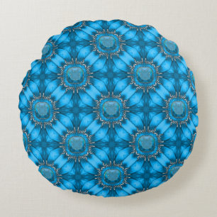 Blue Metal Flowers with Gems Pattern Round Pillow