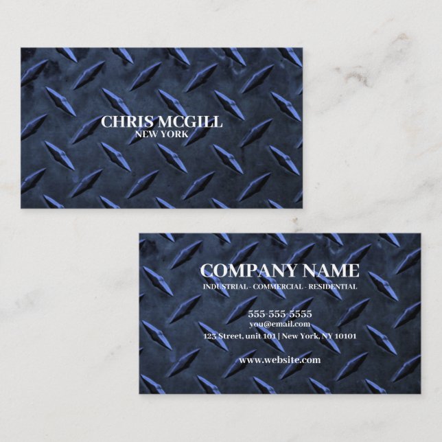 Blue Metal Texture Custom Construction Worker Business Card (Front/Back)