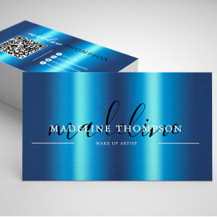 Blue Metallic Brush Steel Script QR code Business Card