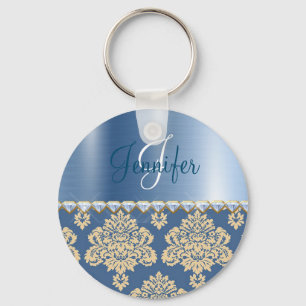 Blue Metallic, Damask Faux Satin Rhinestones Keychain