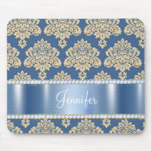 Blue Metallic Damask Rhinestones, Personalized Mouse Pad