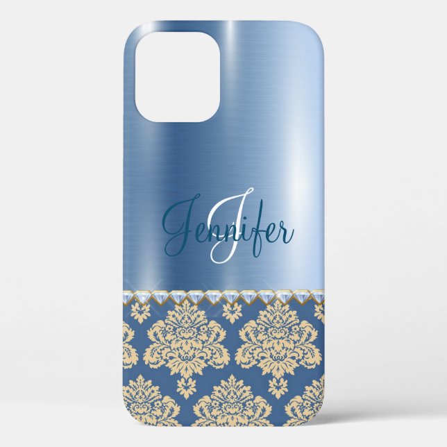 Blue Metallic Damask, Satin, Personalized Case-Mat Case-Mate iPhone Case (Back)