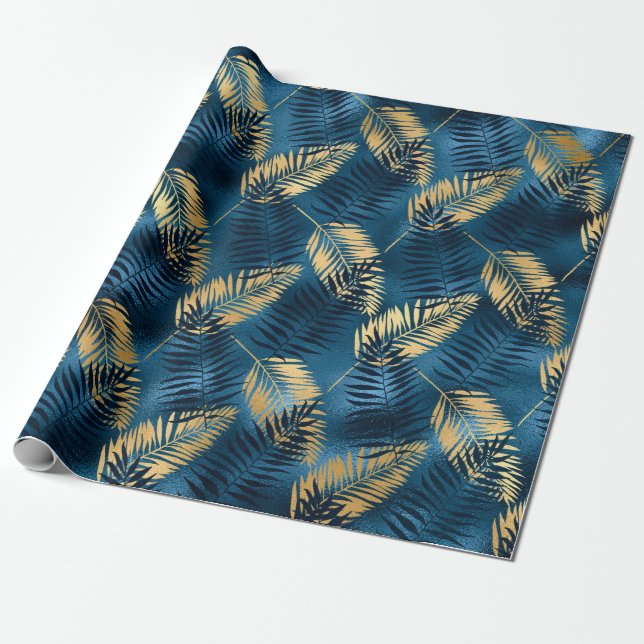Blue Metallic Elegant Tropical Gift  Wrapping Paper (Unrolled)