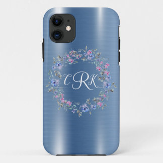 Blue Metallic Floral Monogram Personalize Girly iPhone 11 Case