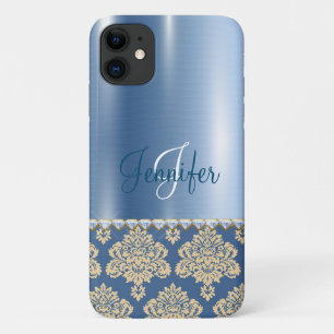 Blue Metallic Floral Monogram Personalize Girly iPhone 11 Case