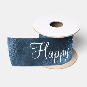 Blue Metallic Happy Birthday Script Modern  Satin  Satin Ribbon