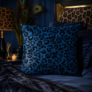 Blue Metallic Leopard Print Animal Pattern Throw Pillow