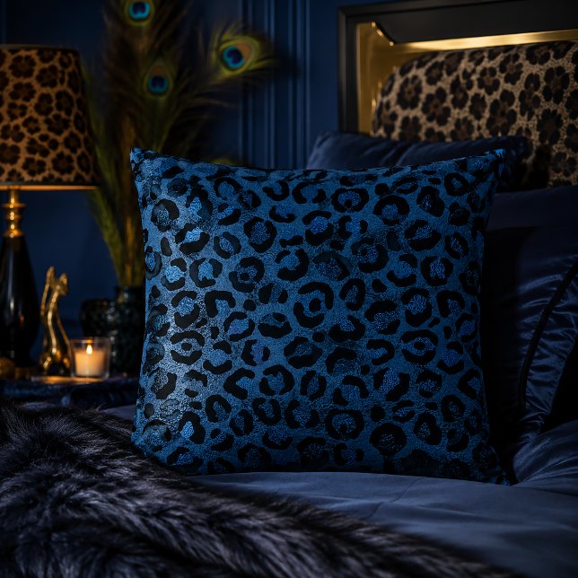 Blue Metallic Leopard Print Animal Pattern Throw Pillow (Creator Uploaded)