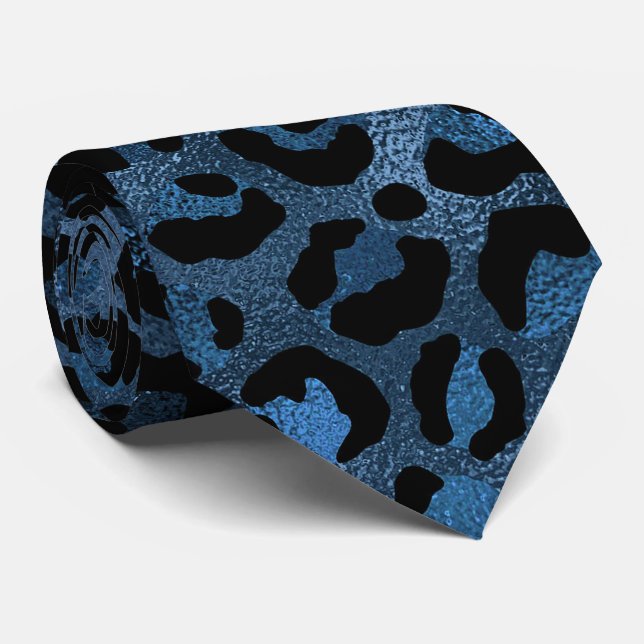 Blue Metallic Leopard Print Tie (Rolled)