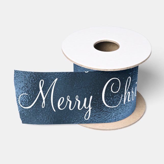 Blue Metallic Merry Christmas Holiday Modern Satin Satin Ribbon (Spool)