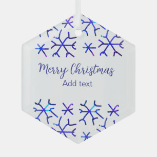 Blue metallic shiny snowflakes Christmas pattern f Glass Ornament