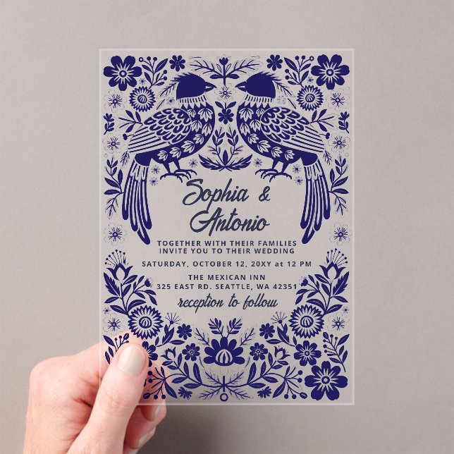 Blue Mexican Birds Otomi Floral Fiesta Wedding Acrylic Invitations (Insitu (Handheld))