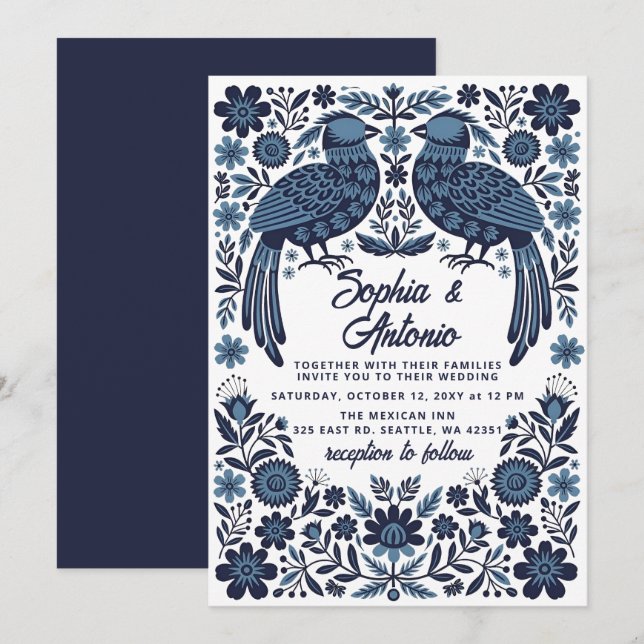 Blue Mexican Birds Otomi Floral Fiesta Wedding Invitation (Front/Back)