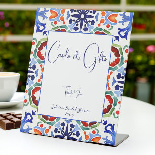 Blue Mexican colorful tiles bridal shower welcome Pedestal Sign