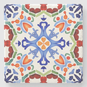 Blue Mexican colourful tiles bridal shower printed Stone Coaster