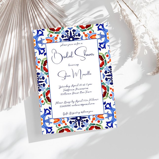Blue Mexican colourful tiles bridal shower templat Invitation (Blue Mexican Spanish colorful Talavera azulejo tiles bridal shower invitation template download)
