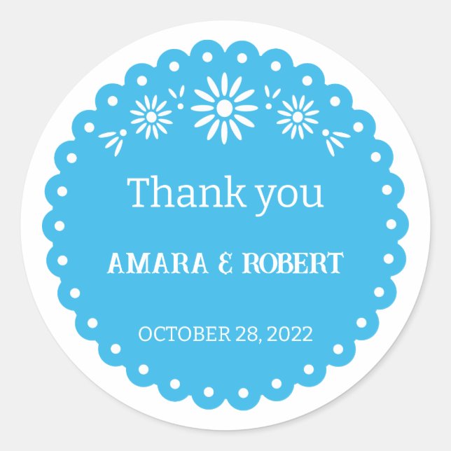 BLUE MEXICAN PAPEL PICADO THANK YOU STICKER (Front)