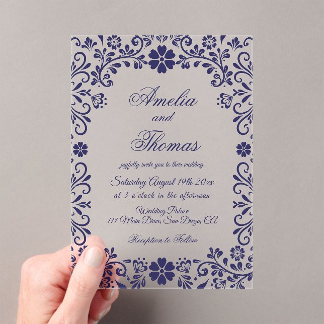 Blue Mexican Timeless Wedding  Acrylic Invitations (Insitu (Handheld))