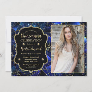 Blue Midnight Crystal Galaxy Quinceanera photo Invitation