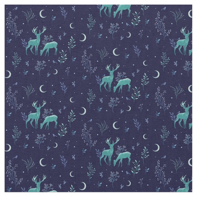 Blue Midnight Moonlight Deer Fabric (Close Up)