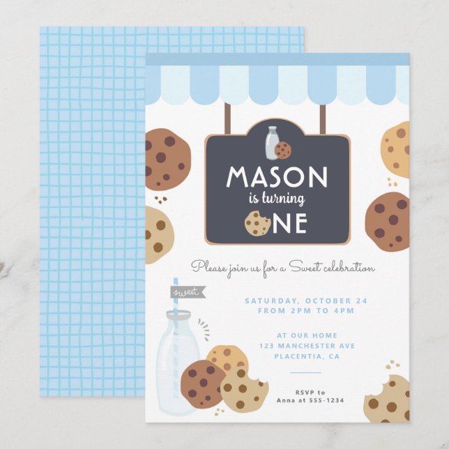 Blue Milk and Cookies First birthday Boys Invitation (Front/Back)