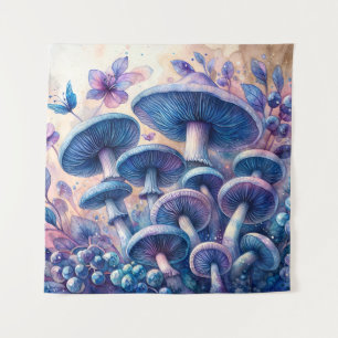 Blue Milk Mushroom Watercolor Art Tapestry