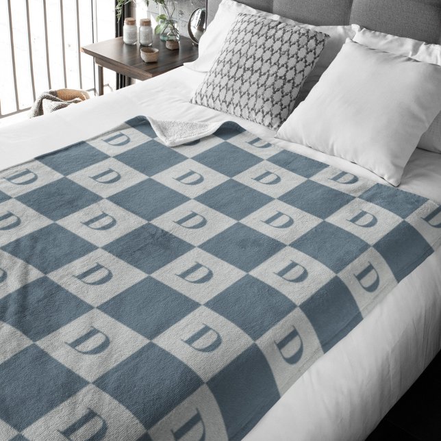 Blue Mini Squares Pattern Monogram Fleece Blanket (Creator Uploaded)