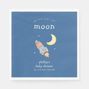Blue Minimal Boy Over The Moon Rocket Baby Shower Napkin