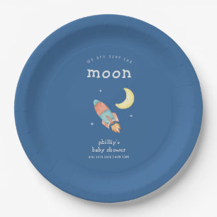 Blue Minimal Boy Over The Moon Rocket Baby Shower Paper Plate